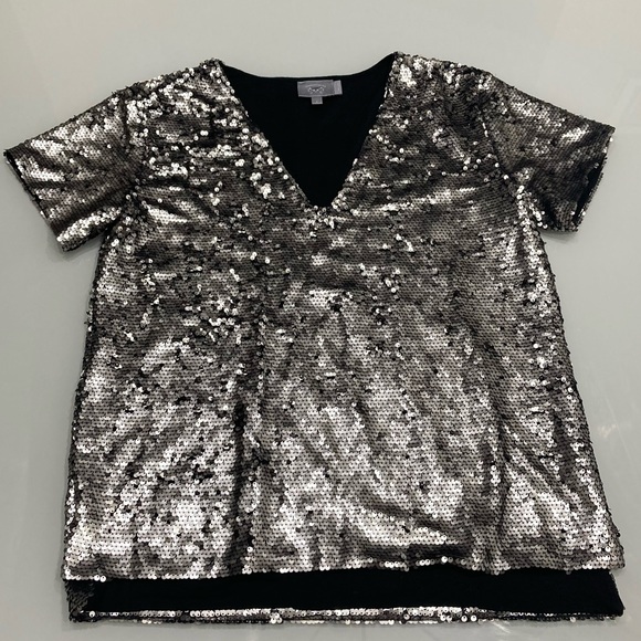 Anthropologie Women’s Vanessa Virginia Silver V-neck Sequin Top -Holidays - Picture 3 of 8
